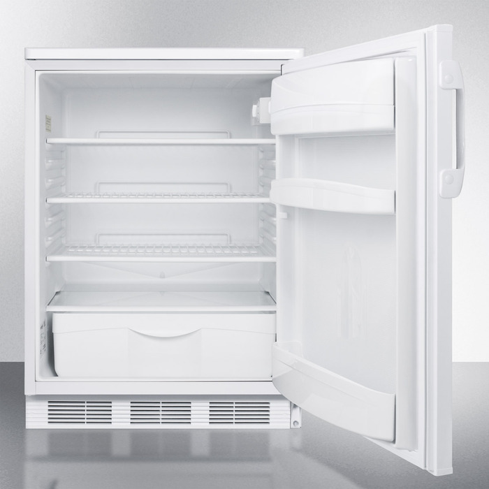 Freestanding counter height all-refrigerator for general purpose use, with front lock, automatic defrost operation and white exterior